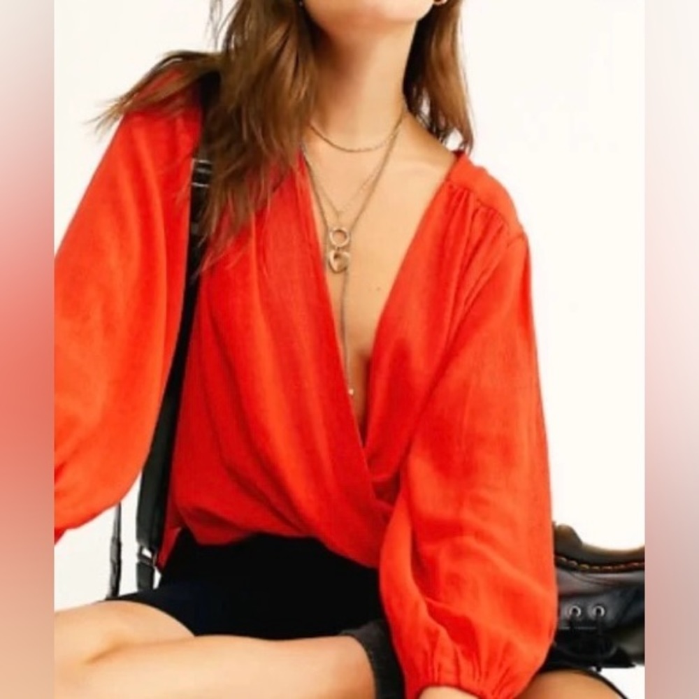 Free People Check On It Wrap Crinkle Crepe Blouse Top in Flame Red, size M